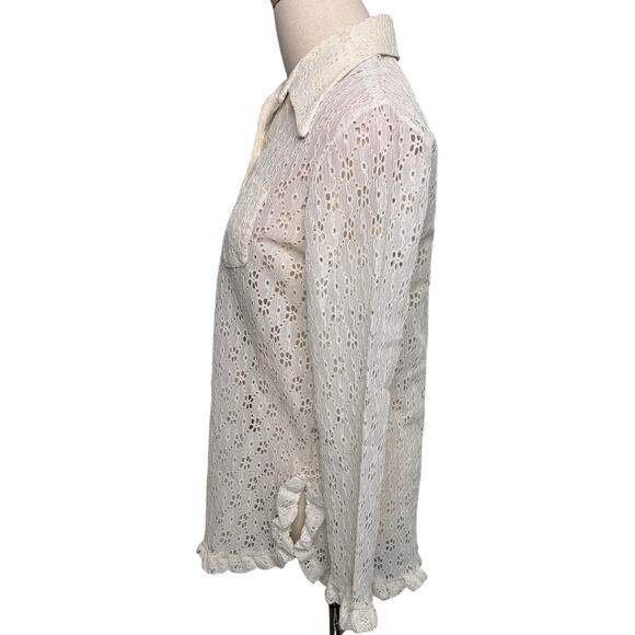 Vintage 70s Daisy lace ruffle off white wide collar button down blouse size M - Picture 3 of 11